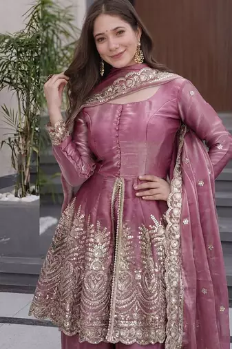 Dark-pink embroidered fendy silk salwar suit