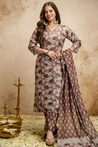 Brown printed megic cotton salwar suit