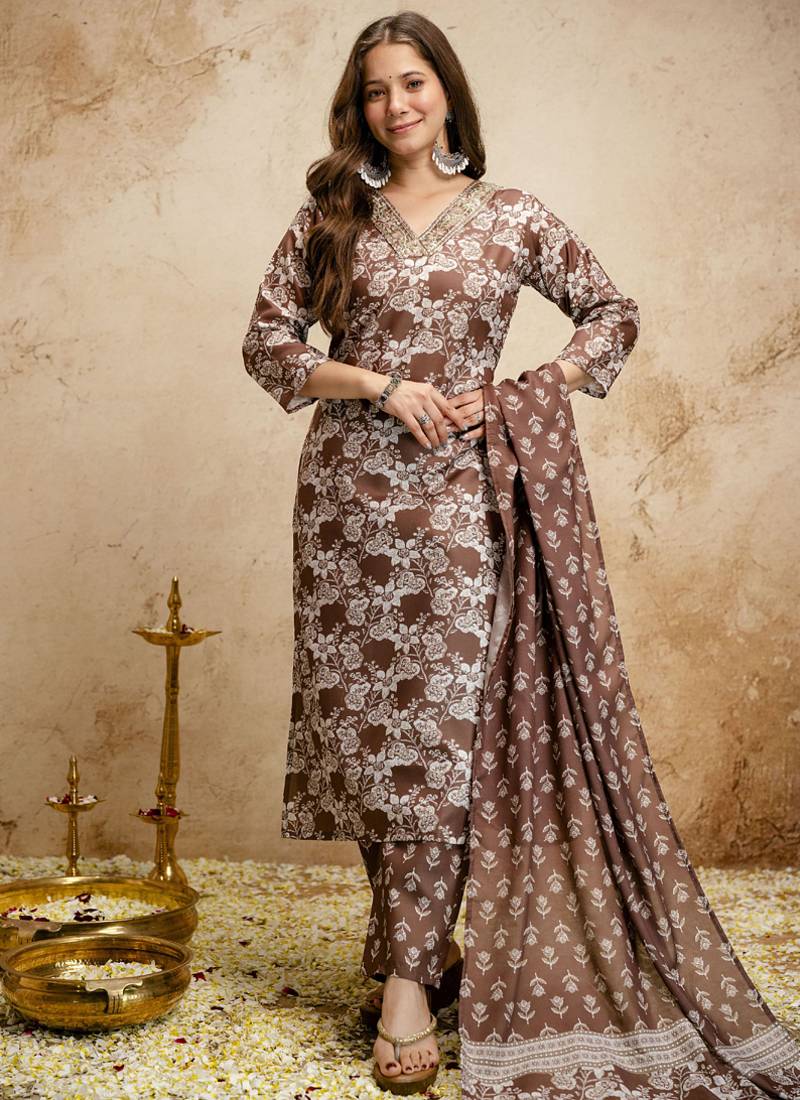 Brown printed megic cotton salwar suit