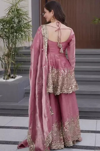 Dark-pink embroidered fendy silk salwar suit