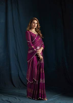 designer wine heavy zarkan hand work satin silk saree 1