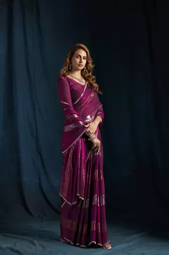 designer wine heavy zarkan hand work satin silk saree