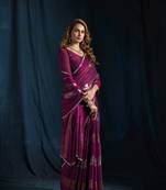 designer wine heavy zarkan hand work satin silk saree