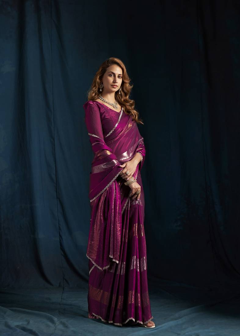 designer wine heavy zarkan hand work satin silk saree