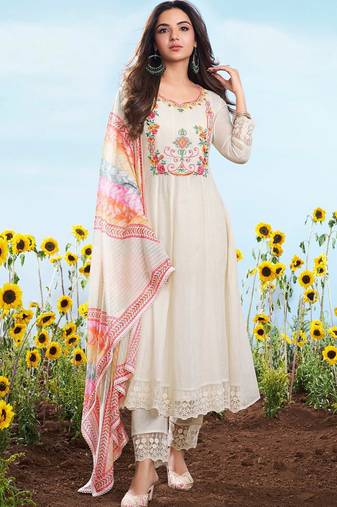 Off-white embroidered cotton anarkali suit