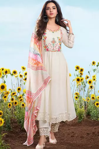 Off-white embroidered cotton anarkali suit