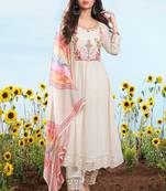Off-white embroidered cotton anarkali suit