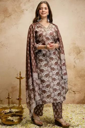 Brown printed megic cotton salwar suit