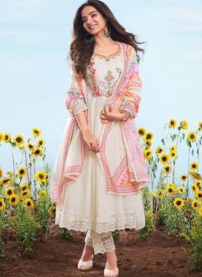 Off-white embroidered cotton anarkali suit 2