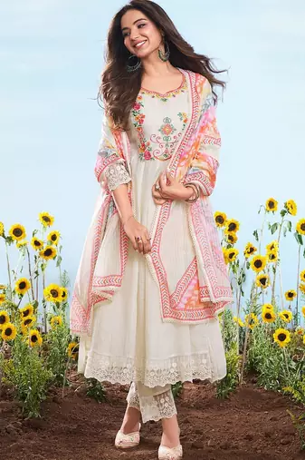 Off-white embroidered cotton anarkali suit
