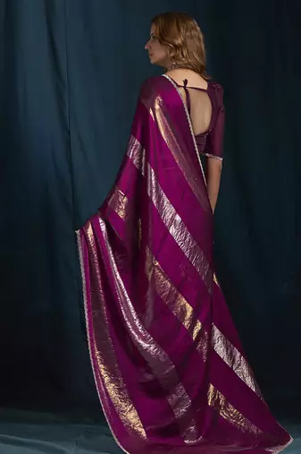 designer wine heavy zarkan hand work satin silk saree