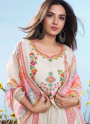 Off-white embroidered cotton anarkali suit 3
