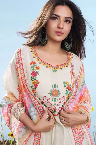 Off-white embroidered cotton anarkali suit