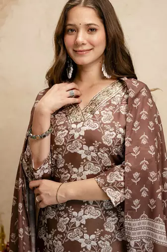 Brown printed megic cotton salwar suit