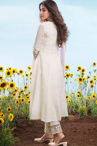 Off-white embroidered cotton anarkali suit