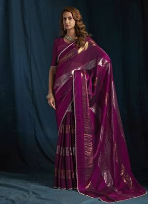 designer wine heavy zarkan hand work satin silk saree 3