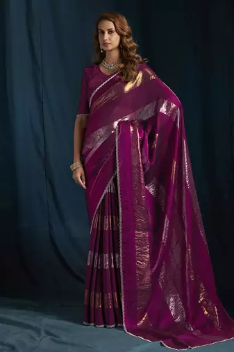 designer wine heavy zarkan hand work satin silk saree