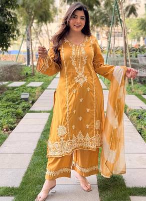 Mustard embroidered vichitra salwar suit 1