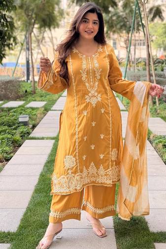 Mustard embroidered vichitra salwar suit