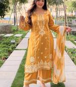 Mustard embroidered vichitra salwar suit