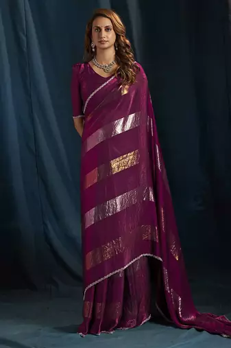 designer wine heavy zarkan hand work satin silk saree
