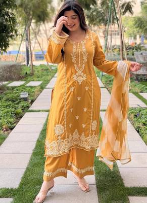 Mustard embroidered vichitra salwar suit 2