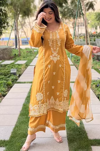 Mustard embroidered vichitra salwar suit