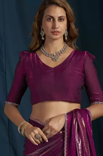 designer wine heavy zarkan hand work satin silk saree