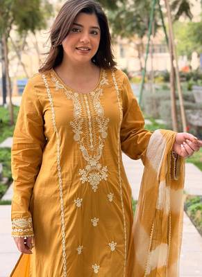 Mustard embroidered vichitra salwar suit 3
