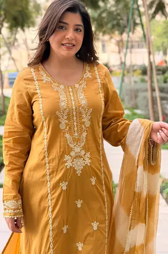 Mustard embroidered vichitra salwar suit
