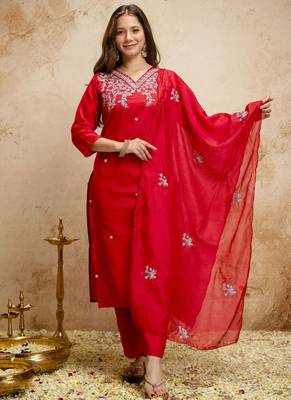 Red embroidered chanderi salwar suit 1