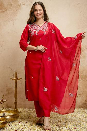 Red embroidered chanderi salwar suit