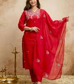 Red embroidered chanderi salwar suit