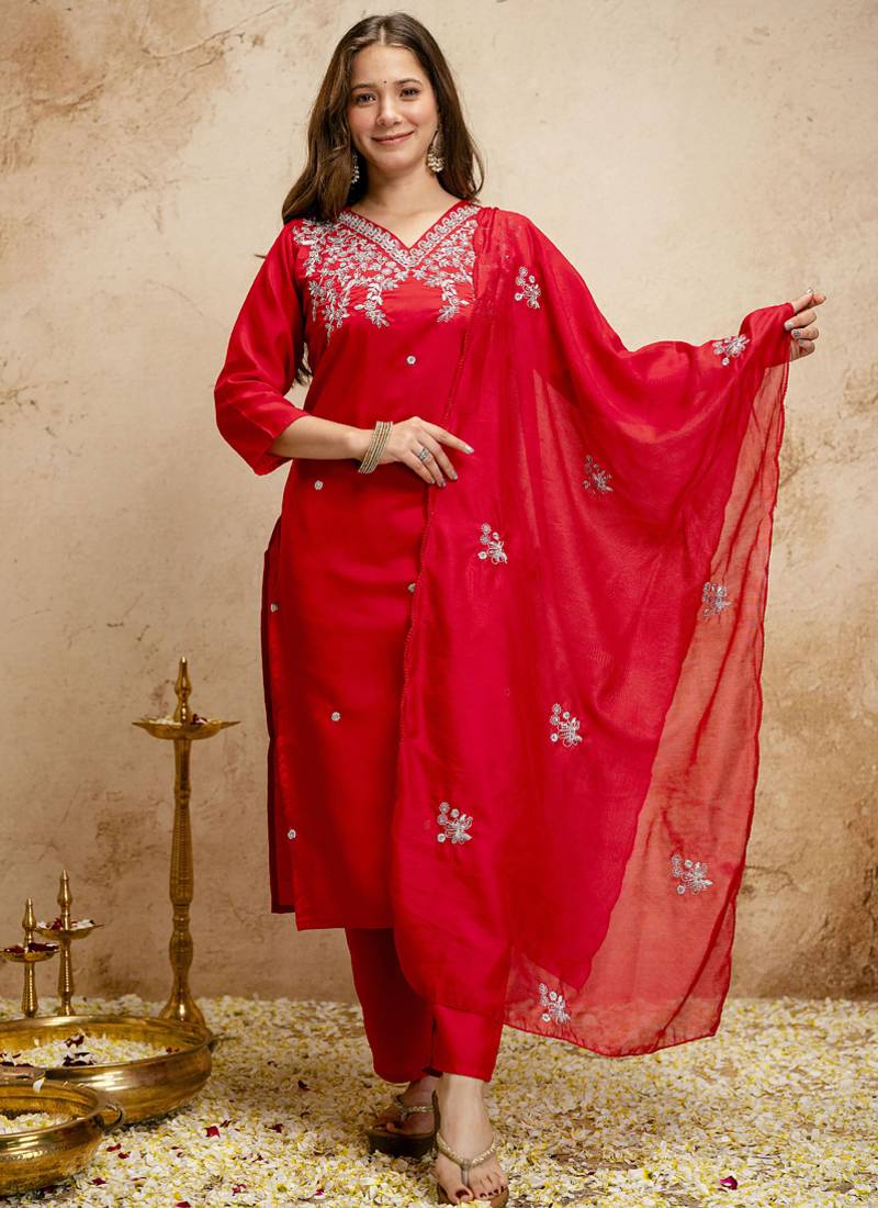 Red embroidered chanderi salwar suit