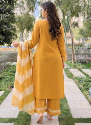 Mustard embroidered vichitra salwar suit 4