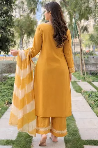 Mustard embroidered vichitra salwar suit
