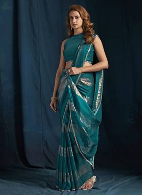 designer rama green heavy zarkan hand work satin silk saree 1