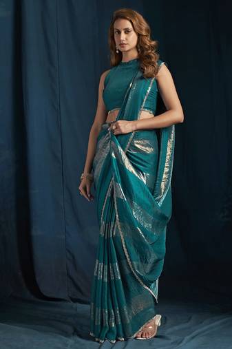 designer rama green heavy zarkan hand work satin silk saree