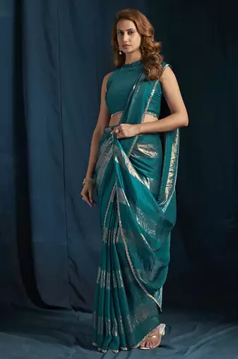 designer rama green heavy zarkan hand work satin silk saree