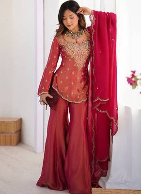 Rani-pink embroidered fendy silk salwar suit 1