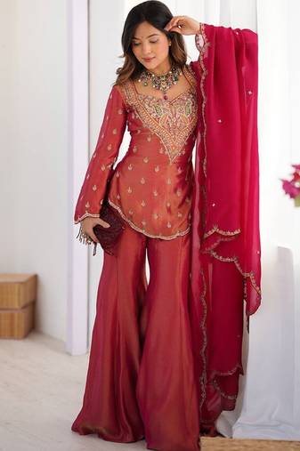 Rani-pink embroidered fendy silk salwar suit