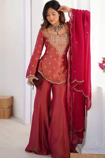 Rani-pink embroidered fendy silk salwar suit