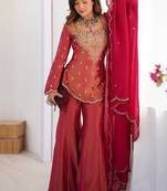 Rani-pink embroidered fendy silk salwar suit