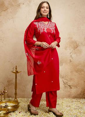 Red embroidered chanderi salwar suit 2