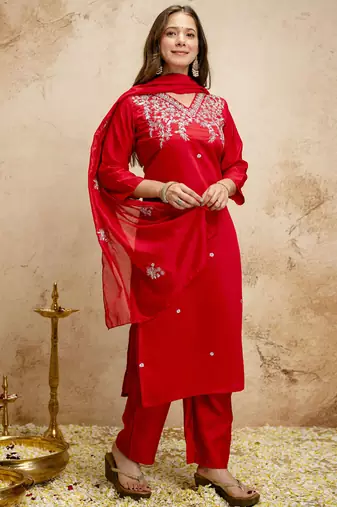 Red embroidered chanderi salwar suit