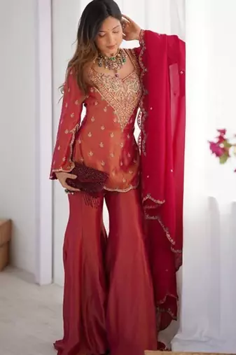 Rani-pink embroidered fendy silk salwar suit