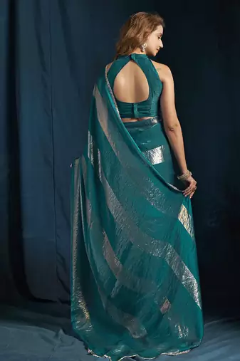 designer rama green heavy zarkan hand work satin silk saree