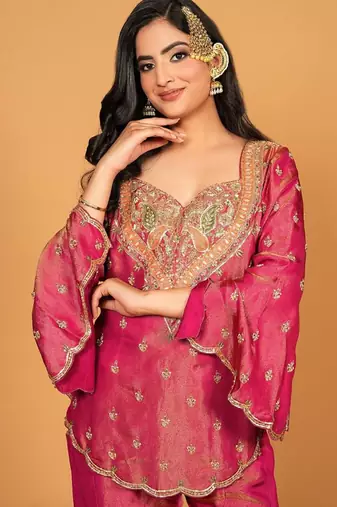 Rani-pink embroidered fendy silk salwar suit