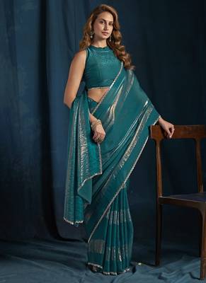 designer rama green heavy zarkan hand work satin silk saree 3