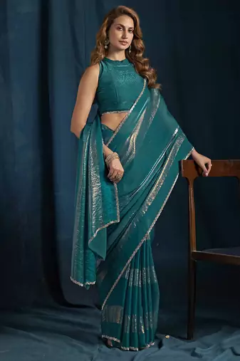 designer rama green heavy zarkan hand work satin silk saree